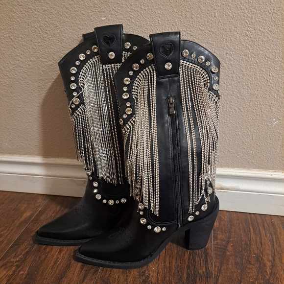 Dolls Kill Black Rhinestone Fringe Boots - Picture 1 of 3